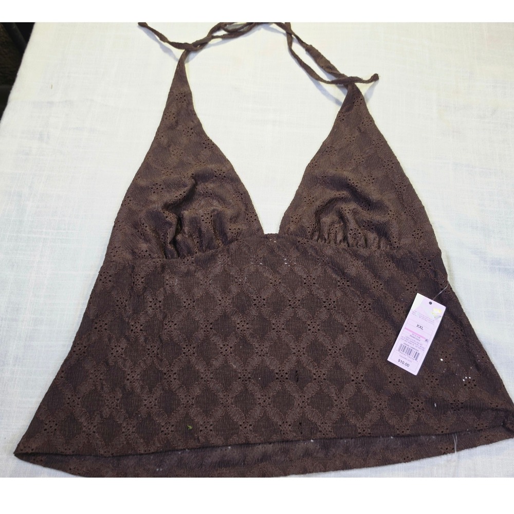 Brown Eyelet Halter XXL Diamond Knit V-Neck Cropped Boho Cottage Core Tank NWT